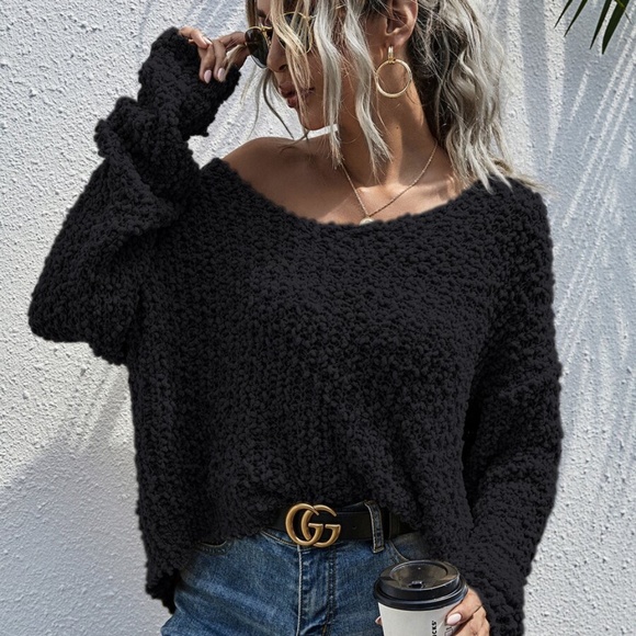 Bellanblue Sweaters - Black oversized popcorn off shoulder Knit Sweater